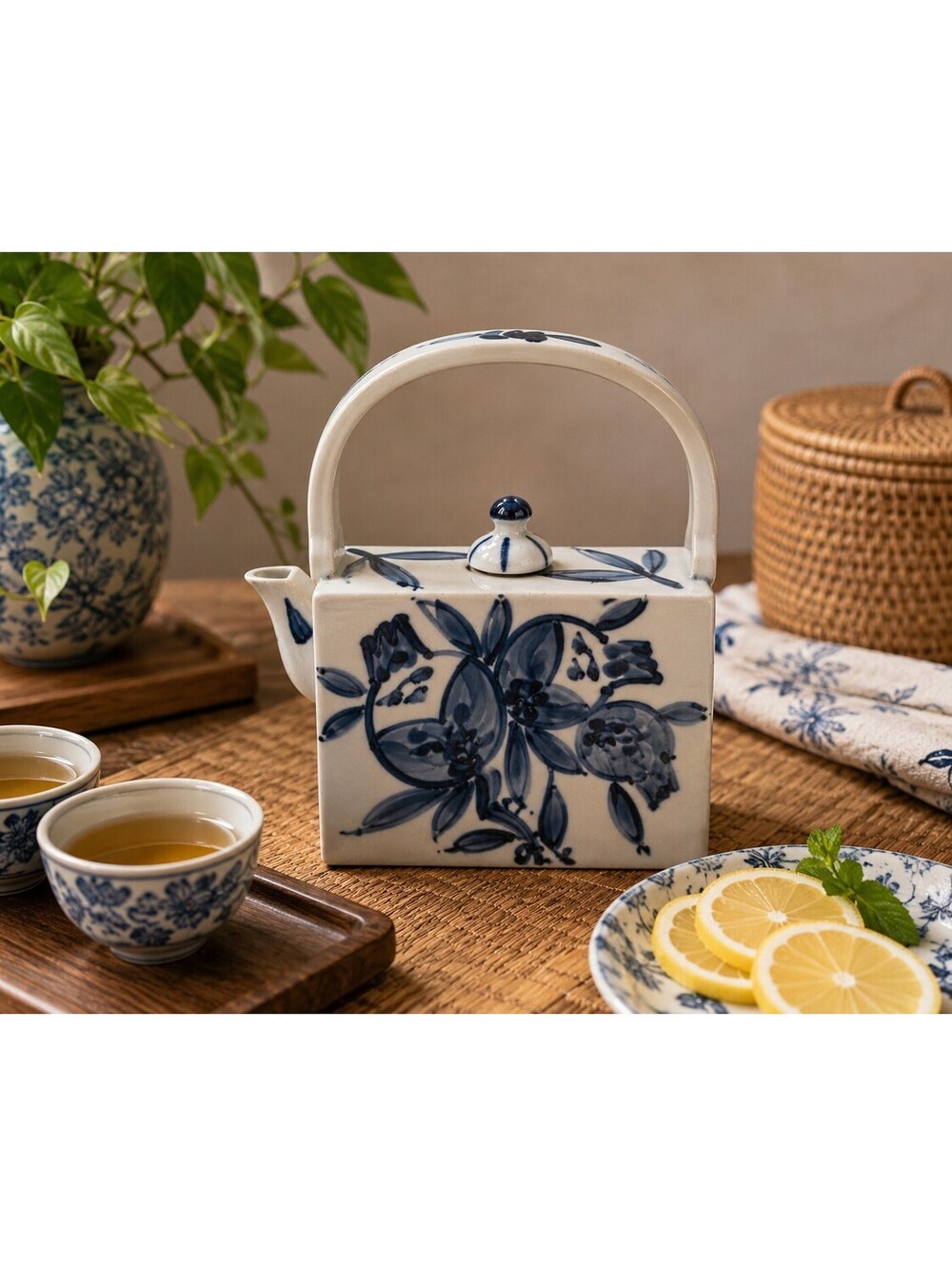 Vintage Decorative Japanese Seto Style Square Blue & White Floral Ceramic Teapot